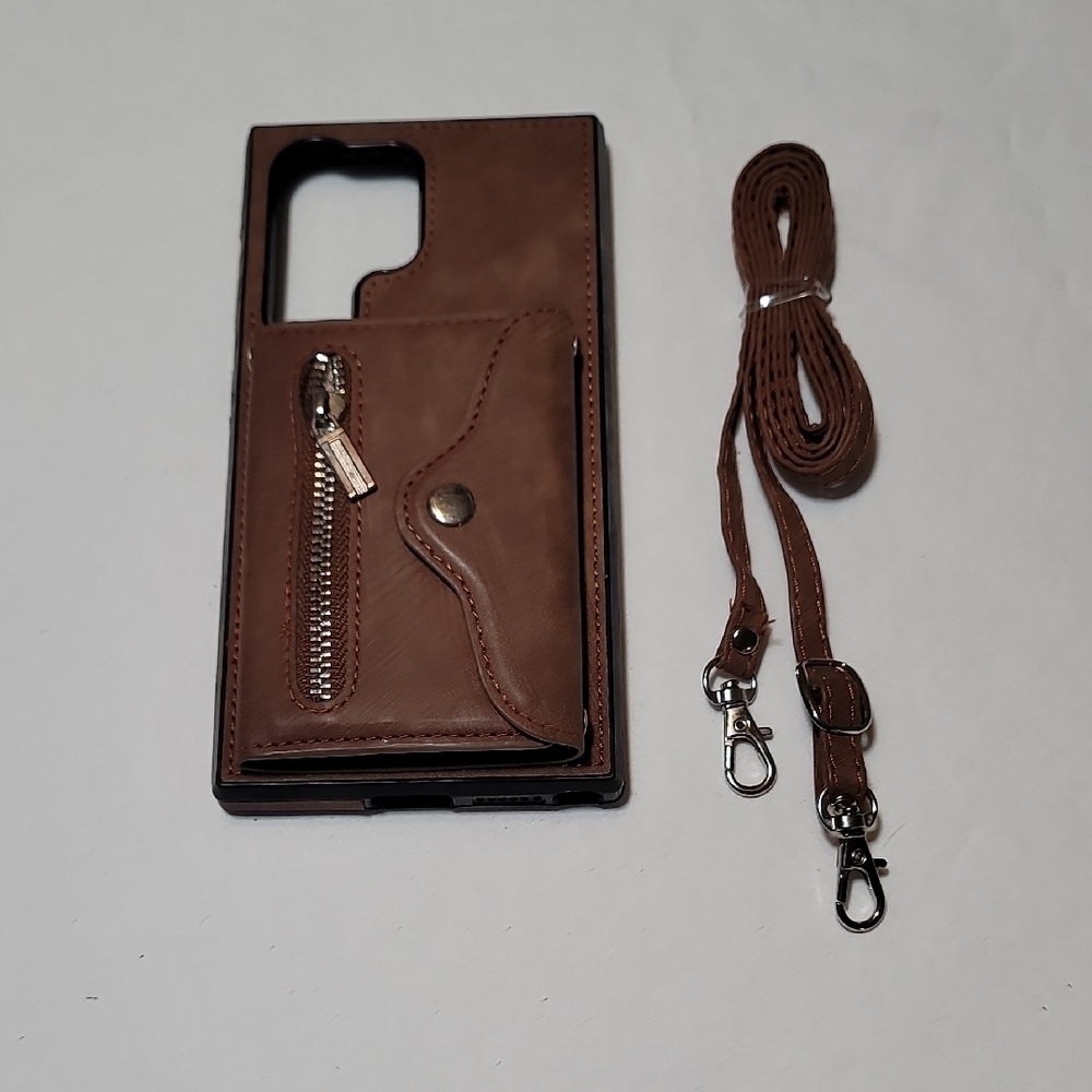 SM S24 ULTRA Brown Leather Phone Case with Detachable Strap